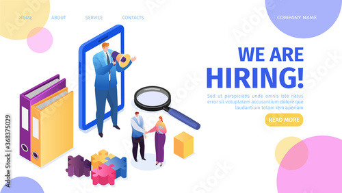 Hiring, recruitment, career and job employment landing page vector illustration. Job interview, recruitment agency, hr manager standing with megaphone to hire candidates employees.