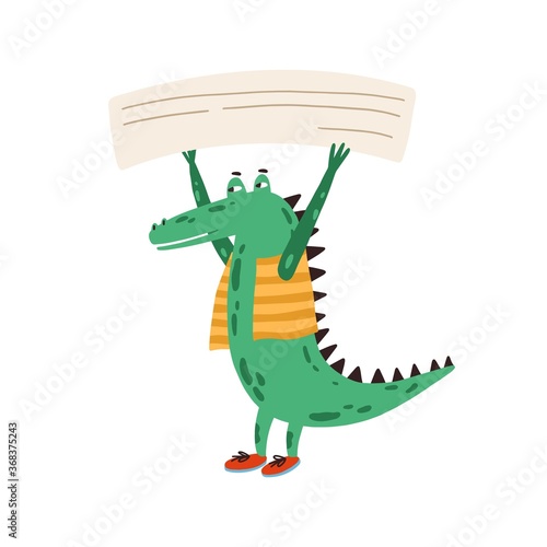 Funny green protesting crocodile in clothes, holding empty banner, card, post...