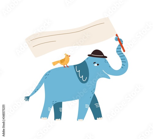 Funny protesting elephant with bird holding flag, banner, card with place for text in trunk. Childish poster, hand drawn announcement. Flat vector cartoon illustration isolated on white background