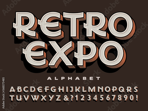 A Unique Art Deco Movement Influenced Font. Alphabet with Brown Tones and 3d Effects, with Straight and Wavy Lines; Full Set of Uppercase Letters, Numbers and Some Punctuation.