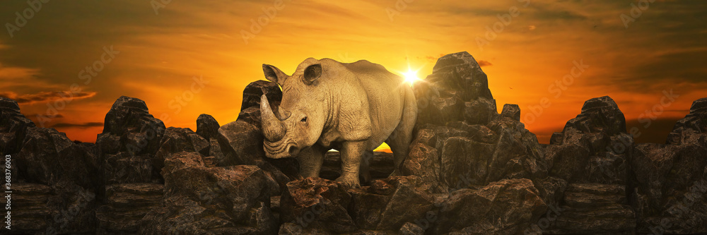 Fototapeta premium Rhino at sunset. 3d rendering 