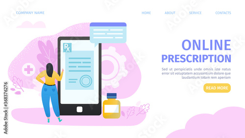 Online prescribption, mobile medicine, mhealth, online doctor landing webpage vector illustration. Woman before smartphone with medical app and drugs recepy. Online diagnosis and prescription.