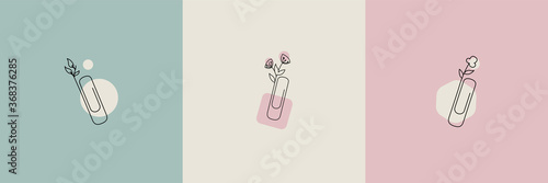 Vector illustration of beautiful paper clips. Refined logo. Paper clips decorated with plants, flowers, leaves, buds. Delicate original icons.
