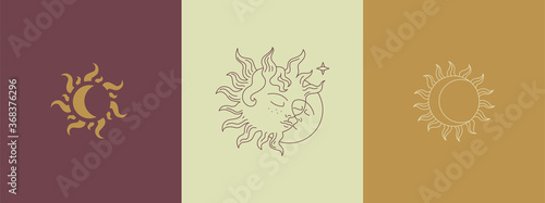 Delicate and natural logos depicting the sun and the moon. Vector illustration for female business. Warm linear illustration, the sleeping sun hugs the moon. Logo for a beauty salon or cosmetics store