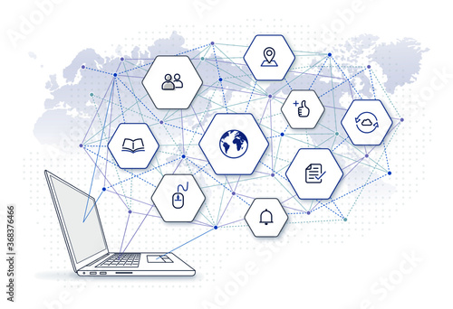 online education network illustration: online learning class, education icons,  e business platform, laptop computer side view, global network on world map background