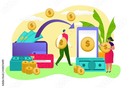 Online wallet, digital bank cash on smartphone screen vector illustration. Little people paying money and transfer payment with mobile wallet account. Coins, dollars currency and e-commerce.