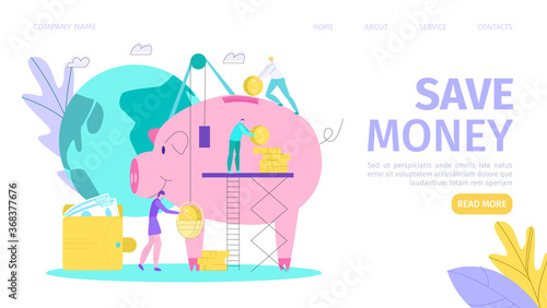 Saving money, finance and investment, cash landing page vector illustration. Piggy bank, coins, dollar banknotes. Financial economy, money earning and savings, wealth gold deposit bank service.
