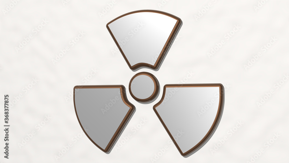 radioactivity on the wall. 3D illustration of metallic sculpture over a white background with mild texture. danger and radioactive radioactivity on the wall. 3D illustration of metallic sculpture over a white background with mild texture. danger and radioactive