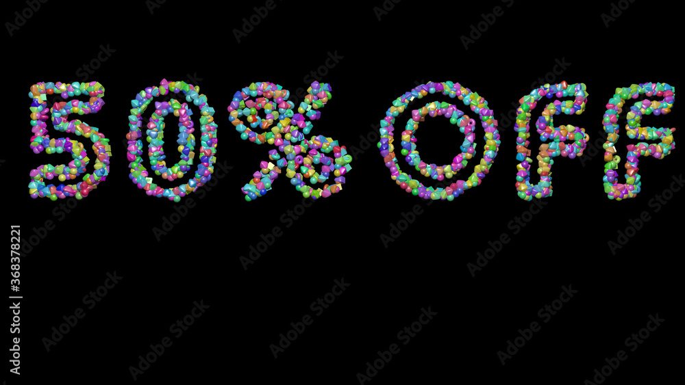% off written in 3D illustration by colorful small objects casting shadow on a black background % off written in 3D illustration by colorful small objects casting shadow on a black background
