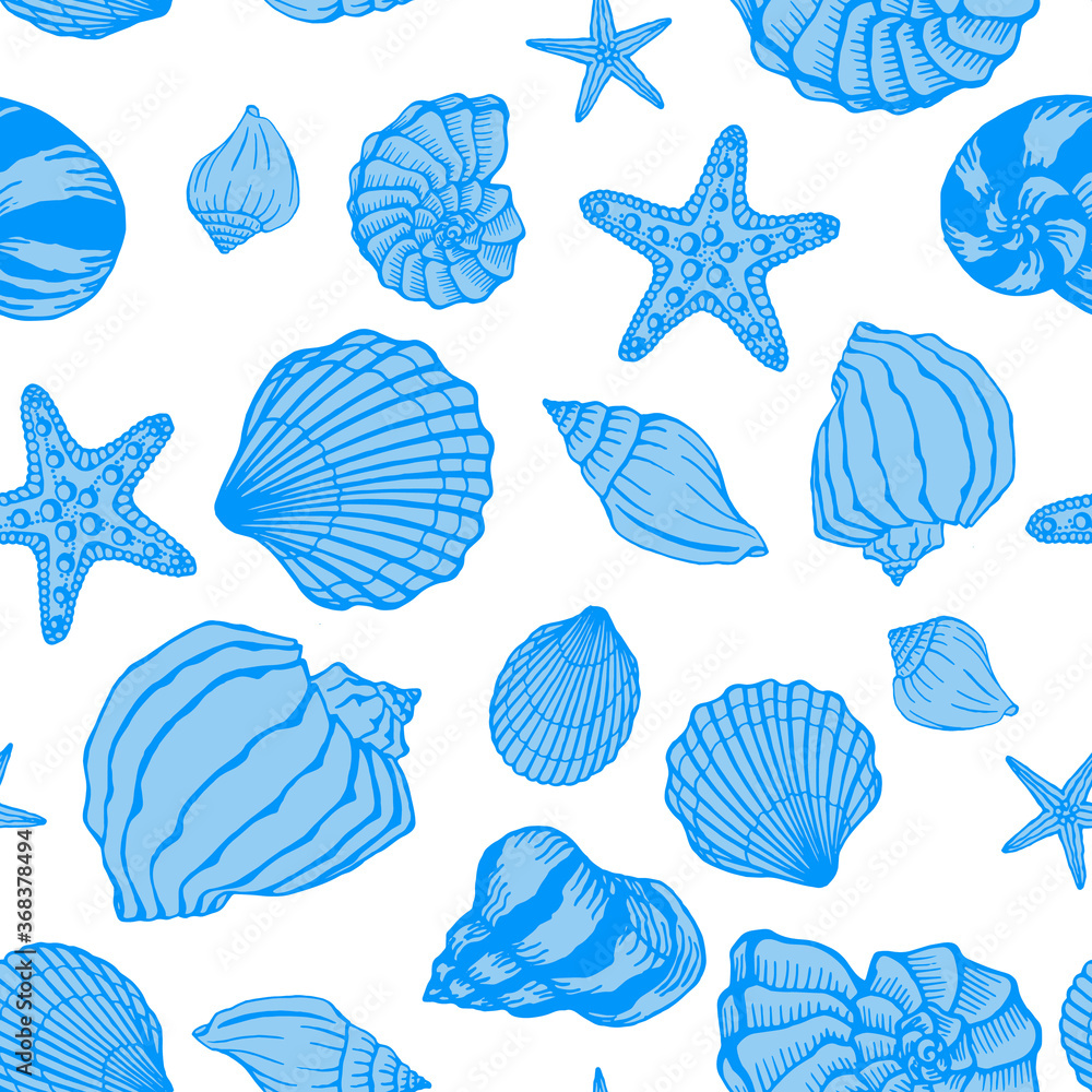 Seamless pattern with seashells, starfishes. Marine background. Hand drawn vector illustration in sketch style. Perfect for greetings, invitations, coloring books, textile, wedding and web design. Seamless pattern with seashells, starfishes. Marine background. Hand drawn vector illustration in sketch style. Perfect for greetings, invitations, coloring books, textile, wedding and web design.