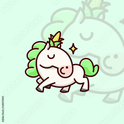 CUTE WHITE UNICON WITH GREEN HAIR AND A CORN ON HEAD
