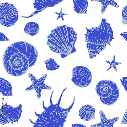 Seamless pattern with seashells, starfishes. Marine background. Hand drawn vector illustration in sketch style. Perfect for greetings, invitations, coloring books, textile, wedding and web design.
