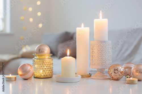 Christmas decorations with candles at home