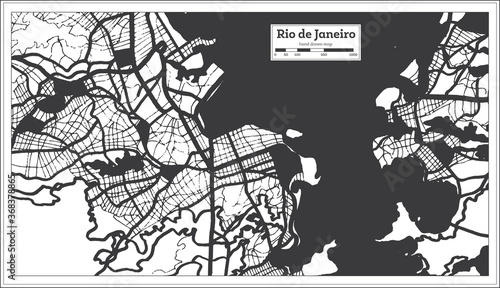 Rio de Janeiro Brazil City Map in Black and White Color in Retro Style.