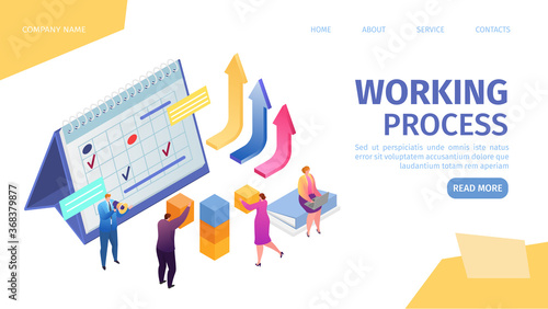 Working proccess in business, teamwork and growing work statistics in creative team landing webpage template, vector illustration. Little people workers together, build, corporate achivement.