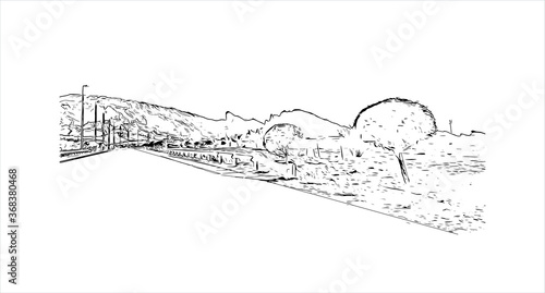 Building view with landmark of Al Ain, in the United Arab Emirates (UAE), is an inland oasis city on the eastern border with Oman. Hand drawn sketch illustration in vector.