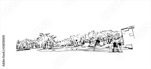 Building view with landmark of Al Ain, in the United Arab Emirates (UAE), is an inland oasis city on the eastern border with Oman. Hand drawn sketch illustration in vector.
