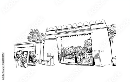 Building view with landmark of Al Ain, in the United Arab Emirates (UAE), is an inland oasis city on the eastern border with Oman. Hand drawn sketch illustration in vector.