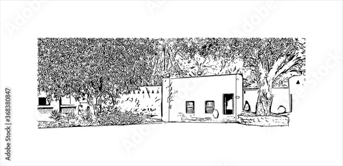Building view with landmark of Al Ain, in the United Arab Emirates (UAE), is an inland oasis city on the eastern border with Oman. Hand drawn sketch illustration in vector.