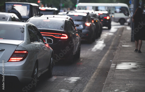 Traffic jam in a city street road.