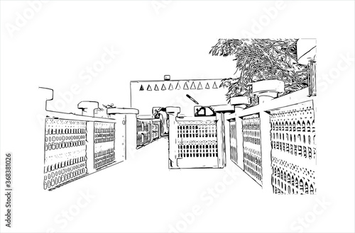 Building view with landmark of Al Ain, in the United Arab Emirates (UAE), is an inland oasis city on the eastern border with Oman. Hand drawn sketch illustration in vector.