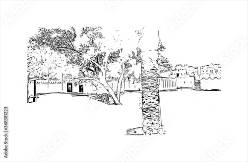 Building view with landmark of Al Ain, in the United Arab Emirates (UAE), is an inland oasis city on the eastern border with Oman. Hand drawn sketch illustration in vector.