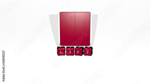 Принти на полотні 3D representation of lift with icon on the wall and text arranged by metallic cubic letters on a mirror floor for concept meaning and slideshow presentation