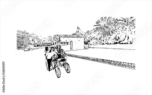 Building view with landmark of Al Ain, in the United Arab Emirates (UAE), is an inland oasis city on the eastern border with Oman. Hand drawn sketch illustration in vector.