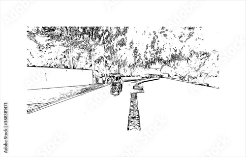 Building view with landmark of Al Ain, in the United Arab Emirates (UAE), is an inland oasis city on the eastern border with Oman. Hand drawn sketch illustration in vector.