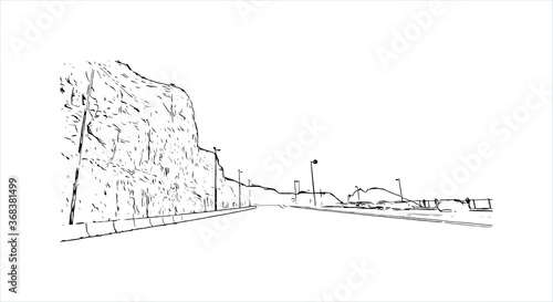 Building view with landmark of Al Ain, in the United Arab Emirates (UAE), is an inland oasis city on the eastern border with Oman. Hand drawn sketch illustration in vector.