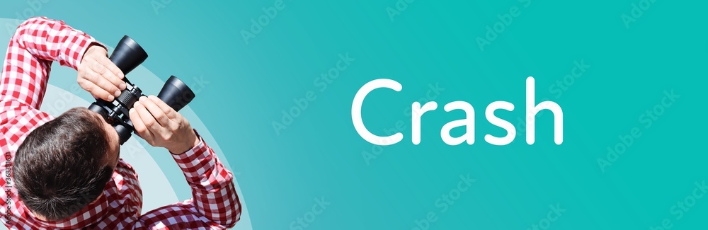 Fototapeta premium Crash. Mann mit Fernglas aus Vogelperspektive. Beobachtung, Draufsicht, Panorama. Business Text auf blau. Statistik, Wirtschaft