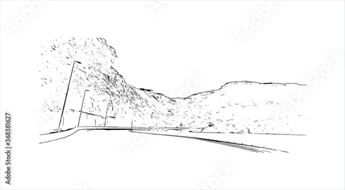 Building view with landmark of Al Ain, in the United Arab Emirates (UAE), is an inland oasis city on the eastern border with Oman. Hand drawn sketch illustration in vector.