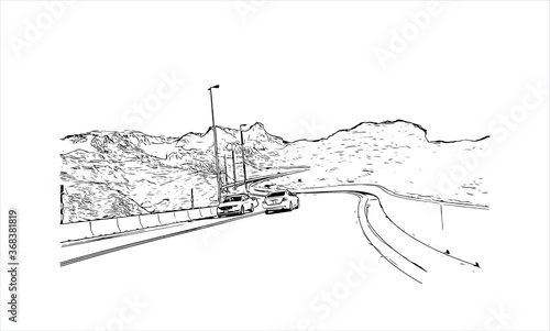 Building view with landmark of Al Ain, in the United Arab Emirates (UAE), is an inland oasis city on the eastern border with Oman. Hand drawn sketch illustration in vector.