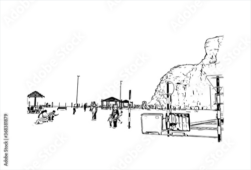 Building view with landmark of Al Ain, in the United Arab Emirates (UAE), is an inland oasis city on the eastern border with Oman. Hand drawn sketch illustration in vector.
