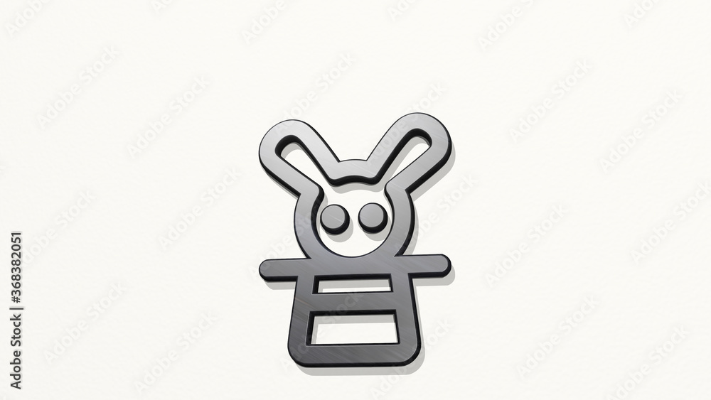 business magic rabbit made by 3D illustration of a shiny metallic sculpture on a wall with light background. concept and design business magic rabbit made by 3D illustration of a shiny metallic sculpture on a wall with light background. concept and design