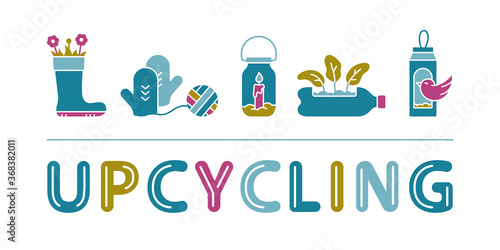 Upcycling horizontal rectangular banner for web. Cutout silhouette icon set with lettering. Different handmade things. Multicolor outline vector illustration, white background. Flat isolated pictogram