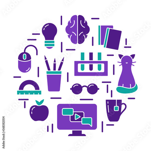 Distance study by internet and modern computer technology. Elearning concept. Home online education illustration. Color round poster with isolated icons. Flat silhouette vector print, white background