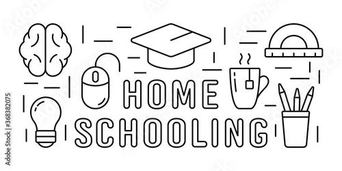 Home schooling horizontal rectangular banner. Self-study online education concept. Graduation cap, brain, cup, light bulb, pc mouse. Line art poster template. Contour isolated vector icons set, text