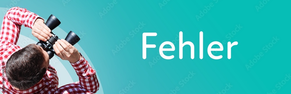 Fototapeta premium Fehler. Mann mit Fernglas aus Vogelperspektive. Beobachtung, Draufsicht, Panorama. Business Text auf blau. Statistik, Wirtschaft