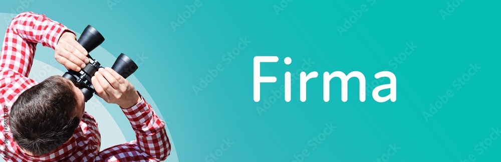 Fototapeta premium Firma. Mann mit Fernglas aus Vogelperspektive. Beobachtung, Draufsicht, Panorama. Business Text auf blau. Statistik, Wirtschaft