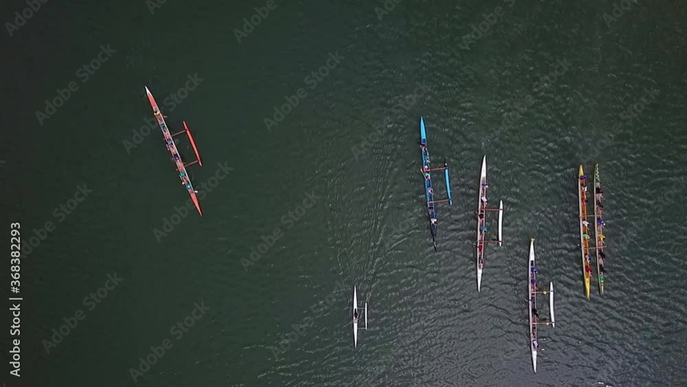Aerial view above group of colourful rowing team boats moving through green lake water together Aerial view above group of colourful rowing team boats moving through green lake water together