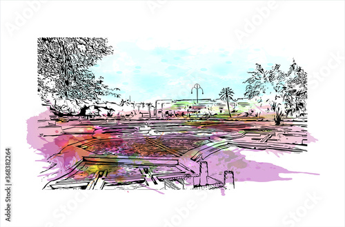 Building view with landmark of Al Ain, in the United Arab Emirates (UAE), is an inland oasis city on the eastern border with Oman. Watercolor splash with  hand drawn sketch illustration in vector.
