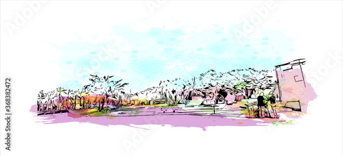 Building view with landmark of Al Ain, in the United Arab Emirates (UAE), is an inland oasis city on the eastern border with Oman. Watercolor splash with  hand drawn sketch illustration in vector.