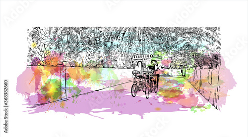 Building view with landmark of Al Ain, in the United Arab Emirates (UAE), is an inland oasis city on the eastern border with Oman. Watercolor splash with  hand drawn sketch illustration in vector.
