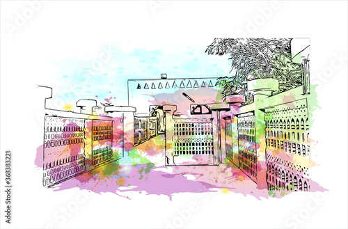 Building view with landmark of Al Ain, in the United Arab Emirates (UAE), is an inland oasis city on the eastern border with Oman. Watercolor splash with  hand drawn sketch illustration in vector.