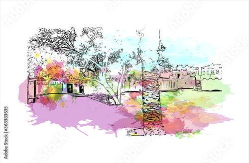 Building view with landmark of Al Ain, in the United Arab Emirates (UAE), is an inland oasis city on the eastern border with Oman. Watercolor splash with  hand drawn sketch illustration in vector.