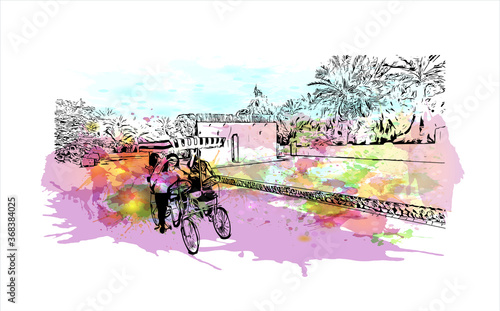 Building view with landmark of Al Ain, in the United Arab Emirates (UAE), is an inland oasis city on the eastern border with Oman. Watercolor splash with  hand drawn sketch illustration in vector.