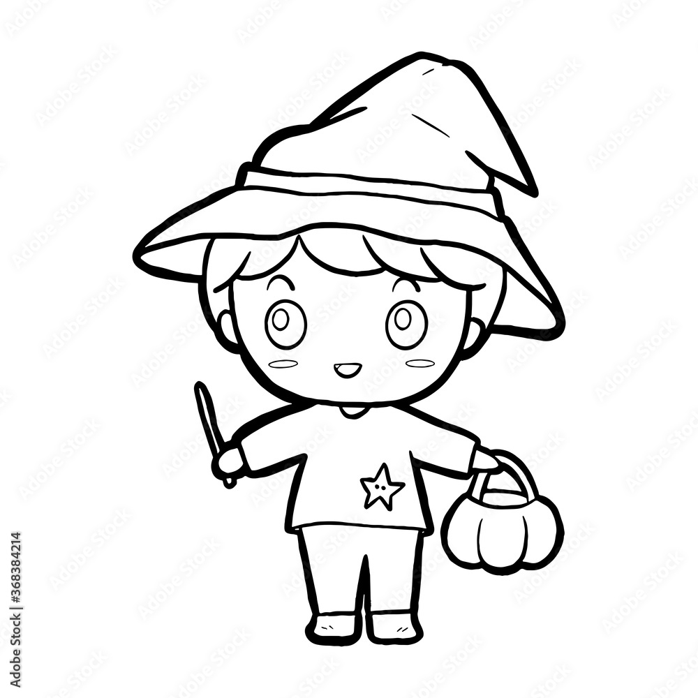 Halloween October festival holiday, cute wizard boy fancy smile with hat. Doodle decoration, black line hand drawn cartoon character for coloring and any design. Vector illustration of kid art. Halloween October festival holiday, cute wizard boy fancy smile with hat. Doodle decoration, black line hand drawn cartoon character for coloring and any design. Vector illustration of kid art.