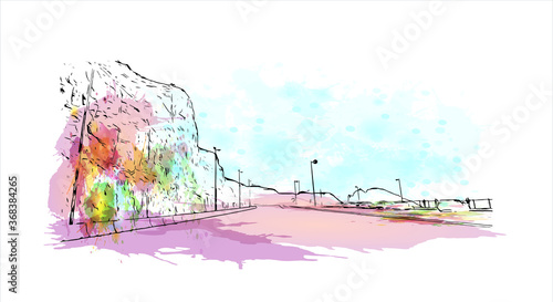 Building view with landmark of Al Ain, in the United Arab Emirates (UAE), is an inland oasis city on the eastern border with Oman. Watercolor splash with  hand drawn sketch illustration in vector.