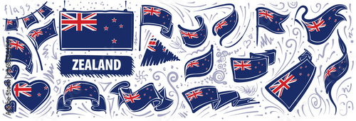 Vector set of the national flag of New Zealand in various creative designs